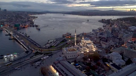 Aerial view of Istanbul at sunset, featuring the Bosphorus, a grand mosque Stock Footage 343350838