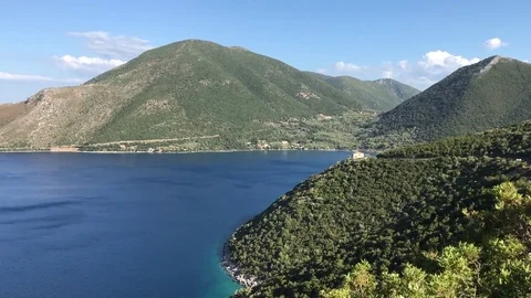 Aerial view of Ithaka or Ithaca island in Greece with green forest and blue sea. Vídeos de archivo 81327376
