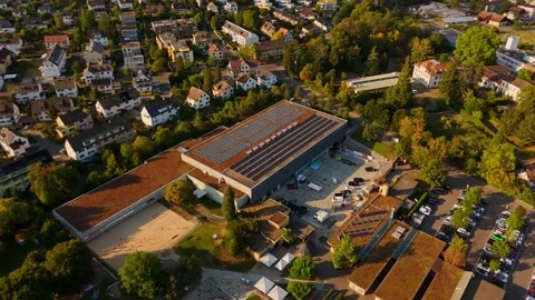 Aerial view of IWC Arena in Schaffhausen, Switzerland, showing a solar-covered Stock-Footage 345095853