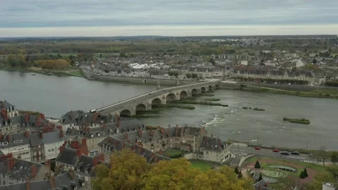 Aerial view of Jacques Gabriel Bridge at Blois France city Stock Footage 222909663