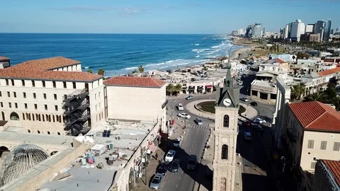 Aerial View of Jaffa’s clock tower and the Mediterranean Sea   스톡 동영상 99119539