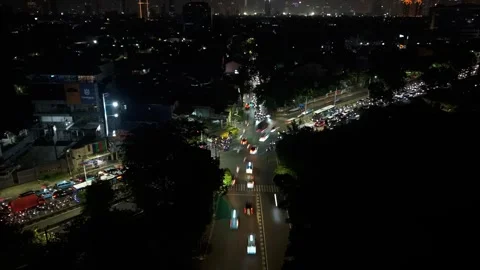Aerial view of Jalan Panjang intersection at night, Indonesia. Stock Footage 341431983