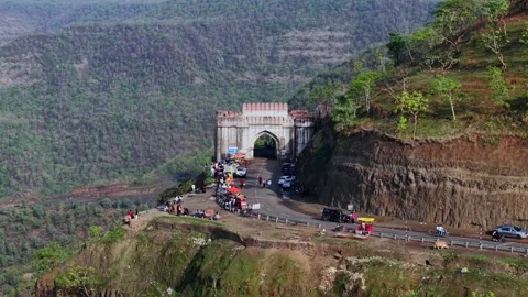 Aerial View of Jam Gate and Hilltop Temple Mhow Madhya Pradesh Stock-Footage 346288151