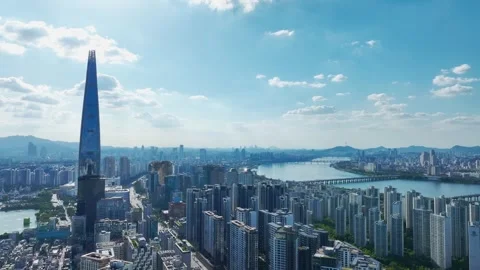 Aerial View of Jamsil Skyline and Han River with a Landmark Skyscraper in Seoul Stock Footage 346462829