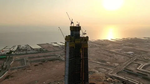 Aerial view Jeddah Tower skyscraper , world's tallest building  Video stock 309486474