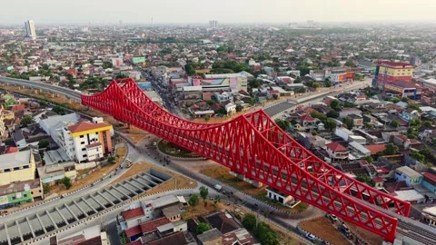 Aerial view of Jembatan Kereta Api Joglo in Surakarta, Indonesia. Stock Footage 346600927