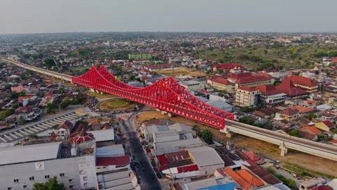 Aerial view of Jembatan Kereta Api Joglo in Surakarta, Indonesia. Stock Footage 346660435