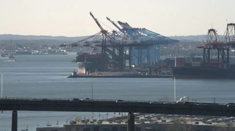 Aerial view of the Jersey Turnpike with Port Newark in the background. Shot in Stock Footage 59181959