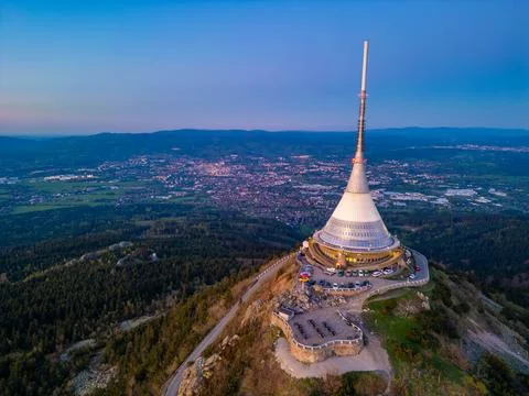 Aerial view of Jested tower during sunset near Liberec, Czech republic 库存照片
