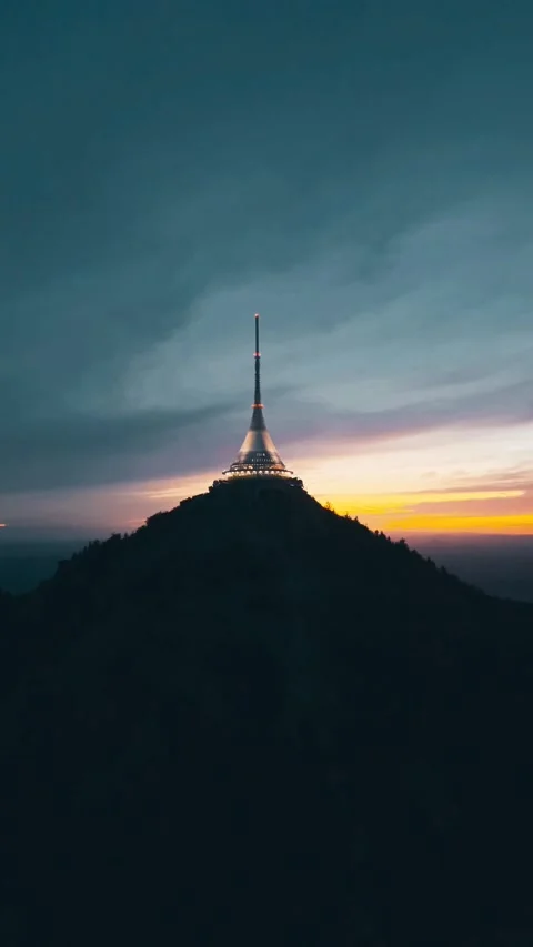 Aerial view of Jested Tower at dusk, Czechia. Stock Footage 341448111