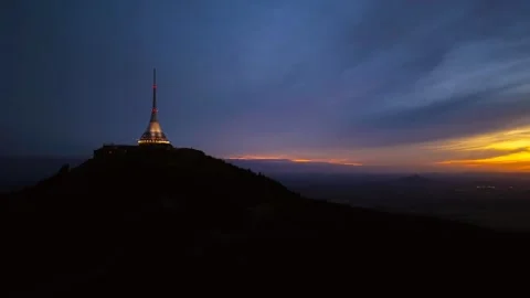 Aerial view of Jested Tower at dusk in Liberec, Czechia. Stock Footage 341448128
