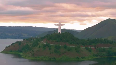 Aerial view of Jesus Christ on Sibeabea Hill in North Sumatra Stock Footage 300539853