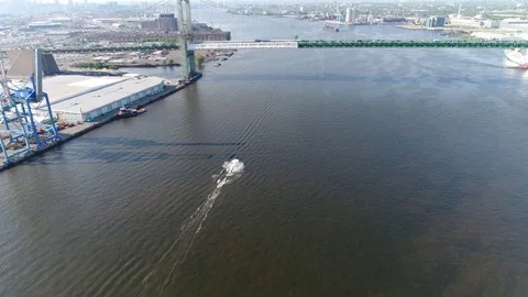 Aerial View Jet Skiers on Delaware River Philadelphia PA Stock Footage
