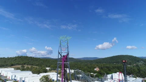 Aerial view of The Jocker Rollercoaster ride at an empty Warner Bros Movie Video stock 139277712
