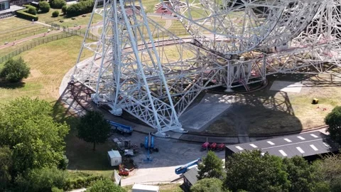 Aerial view of Jodrell Bank Observatory in Cheshire, United Kingdom. Stock Footage 341974553
