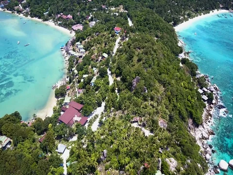 Aerial View: John Suwan highest viewpoint to see mountain and sea shore at Koh t Stock Footage 73596937