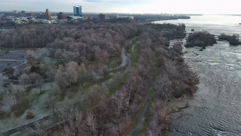 Aerial view of jungle and river during winter in Niagara Falls New York State Video stock 232393752