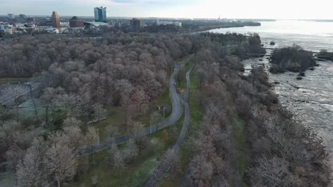 Aerial view of jungle and river during winter in Niagara Falls New York State Stock Footage 232393771