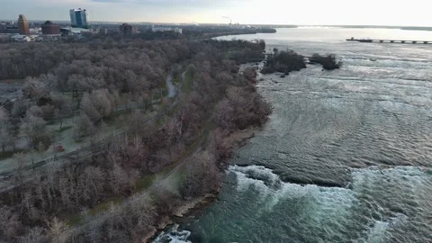 Aerial view of jungle and river during winter in Niagara Falls New York State Stock Footage 232393779