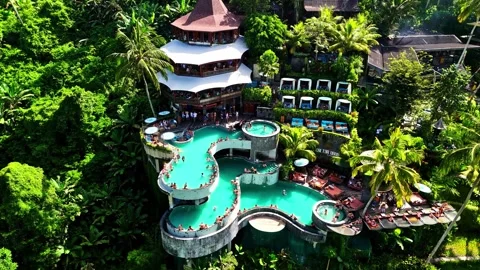 Aerial view of Jungle Fish infinity pool in Bali, Indonesia. Stock Footage 340776473