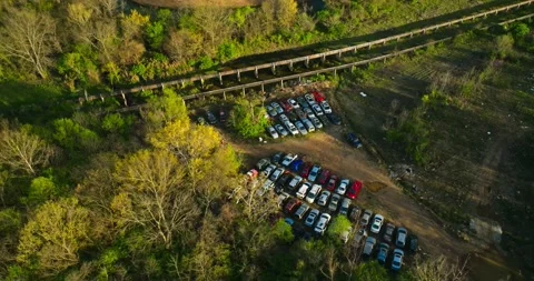 Aerial view of junk yard with stacks of used cars in Fayetteville, Stockbeeldmateriaal 239036768