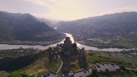 Aerial view of Jvari monastery in a beautiful sunset Stock Footage 206081310