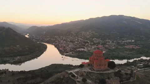 Aerial view Jvari monastery up hill with scenic panorama. Famous sixth - ce.. Stock-Footage 233116879