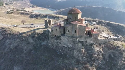Aerial View of Jvari Monastery in Winter Sunlight Stock Footage 296236398