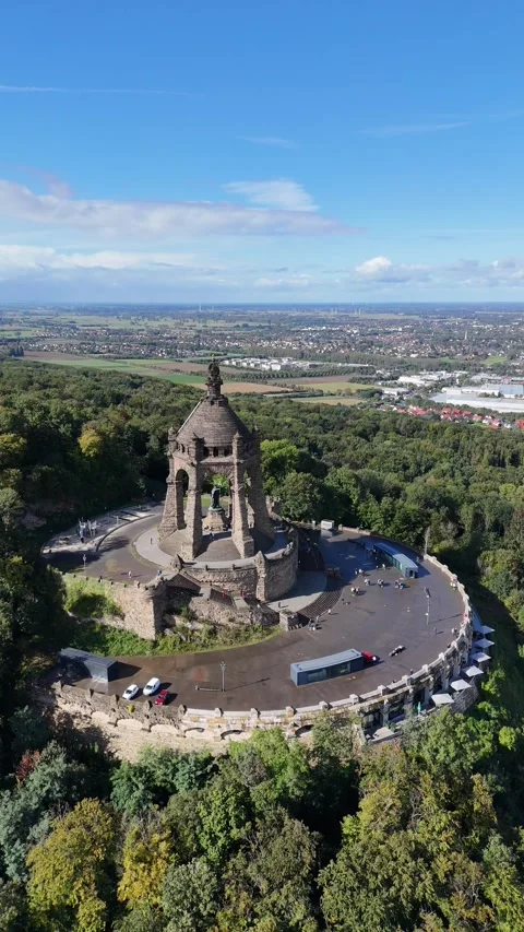 Aerial view of Kaiser Wilhelm Monument Porta Westfalica Germany Stock-Footage 341328165