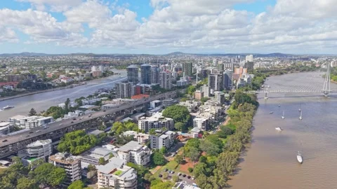 Aerial View of Kangaroo Point and Brisbane River in Brisbane Queensland Australi Stock Footage 338336028