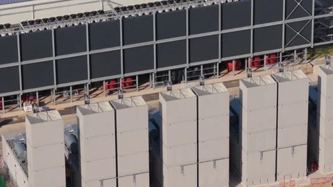 Aerial view of Kao Data cooling towers in United Kingdom. Stock Footage 346787205