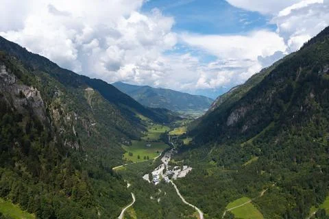 Aerial view of Kaprun valley with river and alpine mountains in Austria Stock Photos