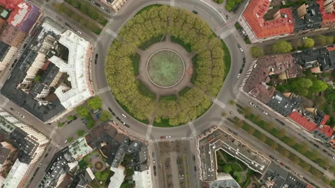 Aerial view Karlaplan Park, Square and Fountain in Stockholm, Sweden. Top down. Stock Footage 133309576