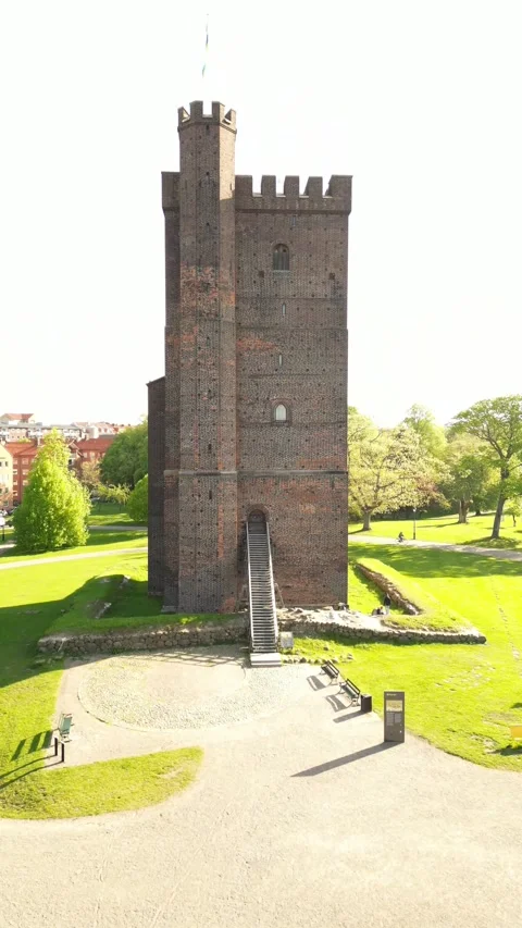 Aerial View Of The Kärnan tower in Helsingborg 5 Stock Footage 276446885