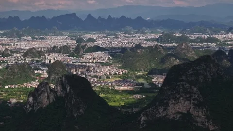 Aerial view of karst peak forest city in Guilin, Guangxi Stock Footage 307095448