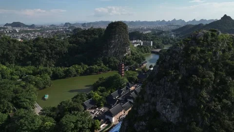 Aerial view of karst peak forest city in Guilin, Guangxi Stock Footage 307096014