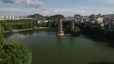 Aerial view of karst peak forest city in Guilin, Guangxi Stock Footage 307096181
