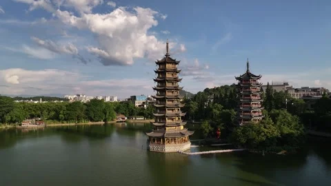 Aerial view of karst peak forest city in Guilin, Guangxi Stock Footage 307096295