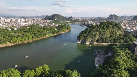 Aerial view of karst peak forest city in Guilin, Guangxi Stock Footage 307096300