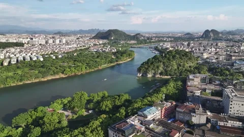 Aerial view of karst peak forest city in Guilin, Guangxi Stock Footage 307096305