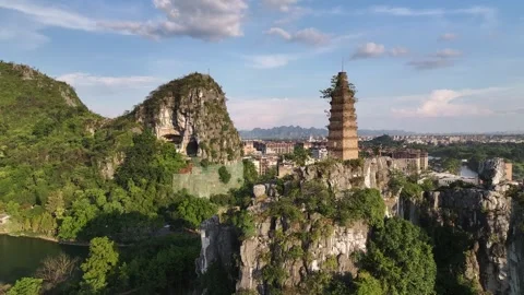 Aerial view of karst peak forest city in Guilin, Guangxi Stock Footage 307096323
