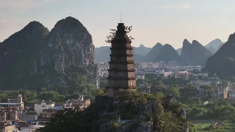 Aerial view of karst peak forest city in Guilin, Guangxi Stock Footage 307096333
