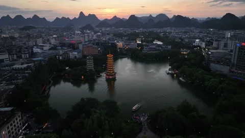 Aerial view of karst peak forest city in Guilin, Guangxi Stock Footage 307096647