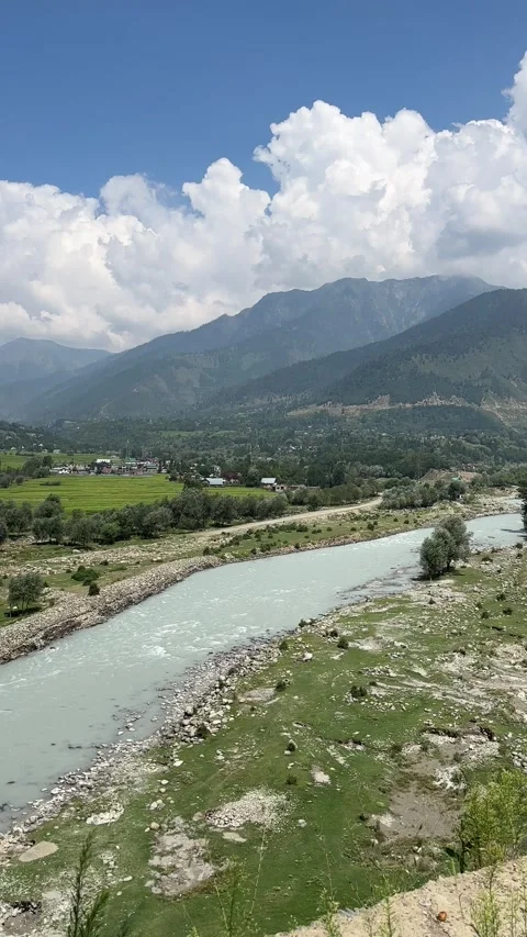 Aerial View of Kashmir Valley with Mountain River and Green Landscape, Ganderbal Stock Footage 344034845