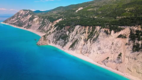 Aerial view of Kathisma Beach with crystal clear blue waters in Lefkada. Stock Footage 260182389
