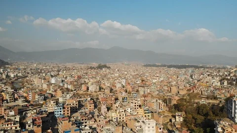 Aerial view of Kathmandu between the Thamel and Swayambhunath stupa.  4K video. Stock Footage 114656281