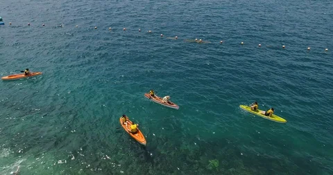 Aerial view of Kayaking activity at Hon Tam island, Nha Trang Bay, Khanh Hoa, Stock Footage 129010479