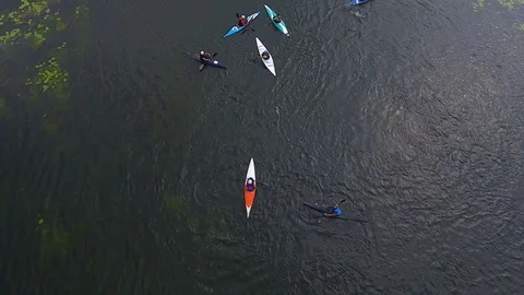Aerial view: Kayaking on the river Stock Footage 81159928