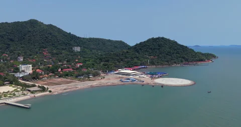Aerial view of Kep’s coast featuring a circular plaza and crab market by the sea Stock Footage 334517255