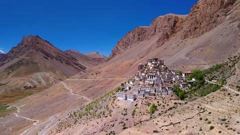 Aerial View of Key Monastery in Spiti Valley Stock Footage 338446930
